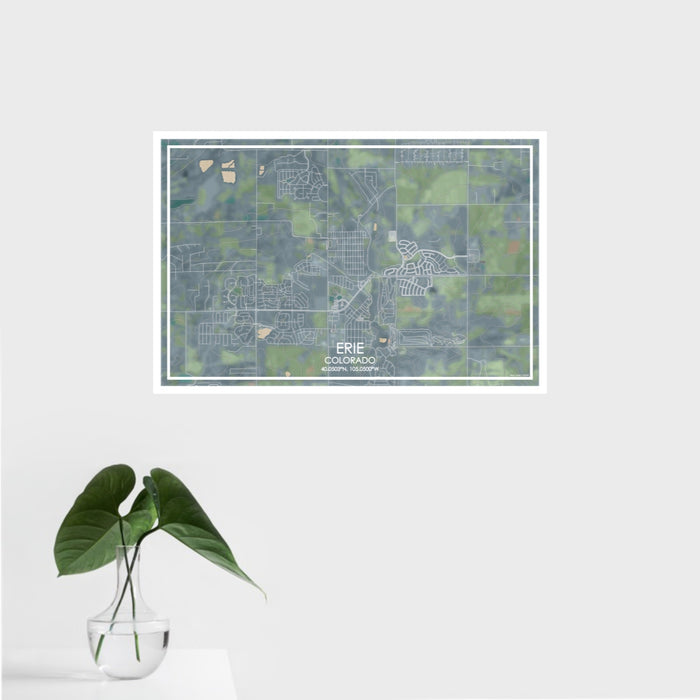 16x24 Erie Colorado Map Print Landscape Orientation in Afternoon Style With Tropical Plant Leaves in Water
