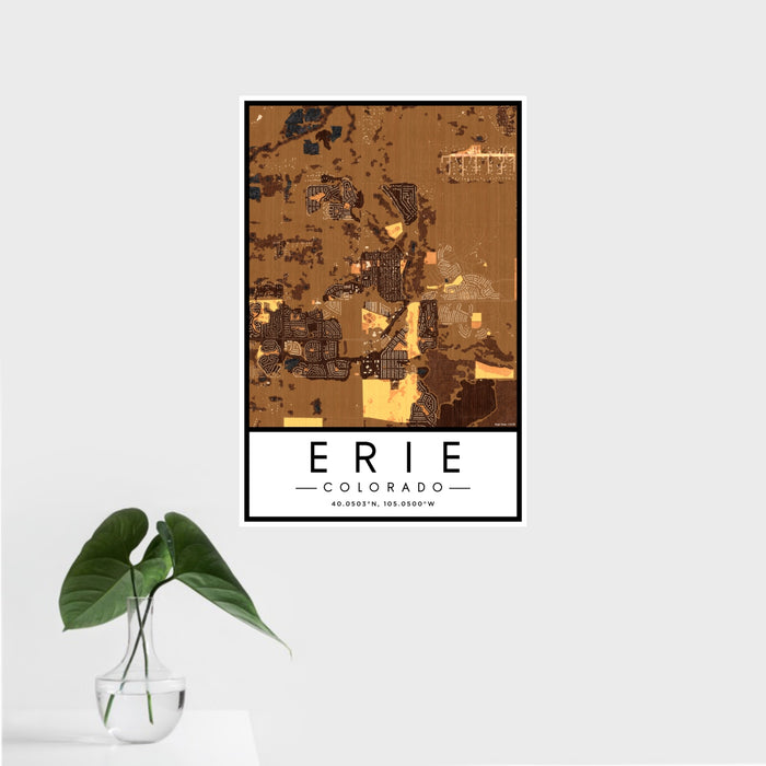 16x24 Erie Colorado Map Print Portrait Orientation in Ember Style With Tropical Plant Leaves in Water