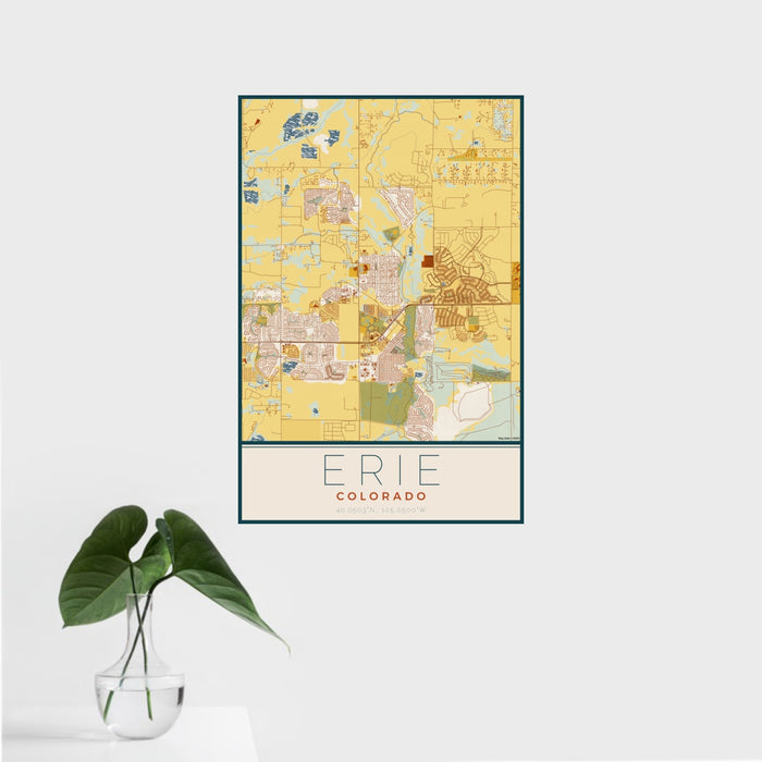 16x24 Erie Colorado Map Print Portrait Orientation in Woodblock Style With Tropical Plant Leaves in Water