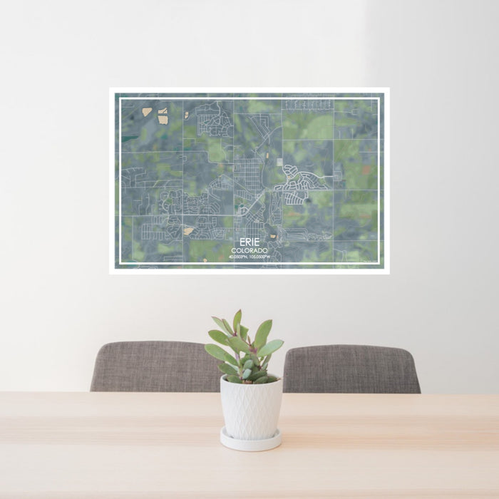 24x36 Erie Colorado Map Print Lanscape Orientation in Afternoon Style Behind 2 Chairs Table and Potted Plant