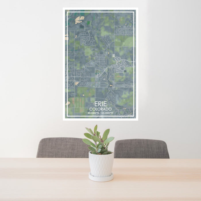 24x36 Erie Colorado Map Print Portrait Orientation in Afternoon Style Behind 2 Chairs Table and Potted Plant