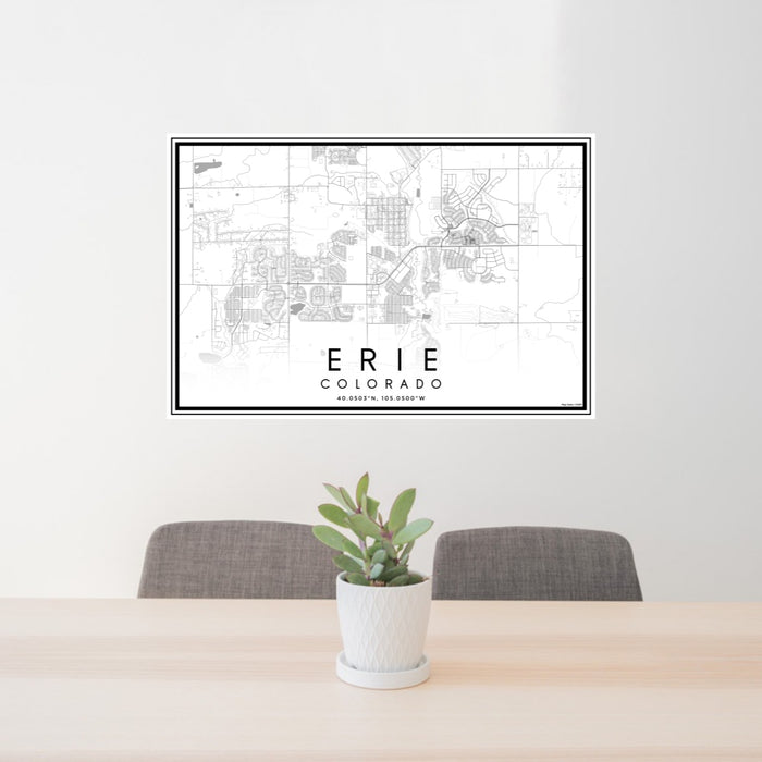24x36 Erie Colorado Map Print Lanscape Orientation in Classic Style Behind 2 Chairs Table and Potted Plant