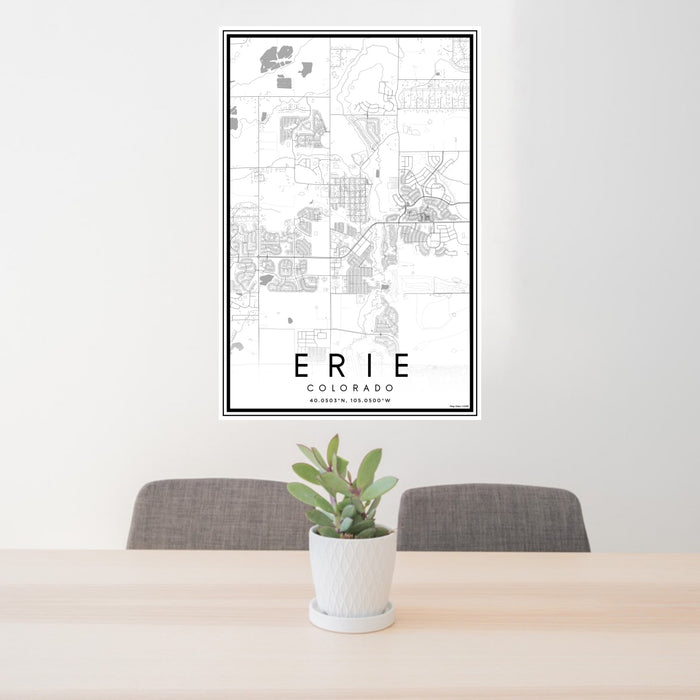 24x36 Erie Colorado Map Print Portrait Orientation in Classic Style Behind 2 Chairs Table and Potted Plant