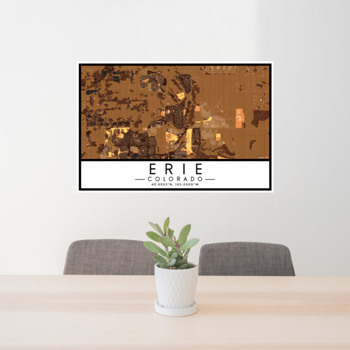 24x36 Erie Colorado Map Print Lanscape Orientation in Ember Style Behind 2 Chairs Table and Potted Plant