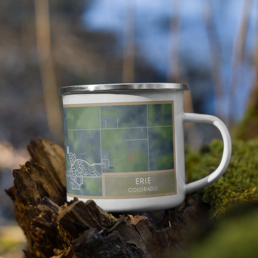 Right View Custom Erie Colorado Map Enamel Mug in Afternoon on Grass With Trees in Background