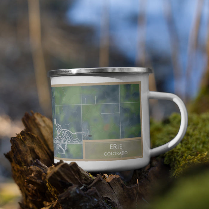 Right View Custom Erie Colorado Map Enamel Mug in Afternoon on Grass With Trees in Background