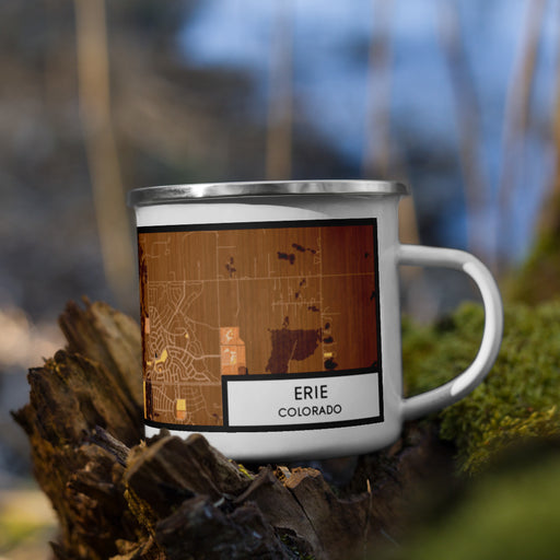 Right View Custom Erie Colorado Map Enamel Mug in Ember on Grass With Trees in Background