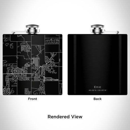 Rendered View of Erie Colorado Map Engraving on 6oz Stainless Steel Flask in Black