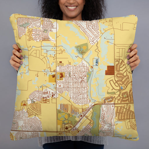 Person holding 22x22 Custom Erie Colorado Map Throw Pillow in Woodblock