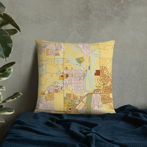 Custom Erie Colorado Map Throw Pillow in Woodblock on Bedding Against Wall