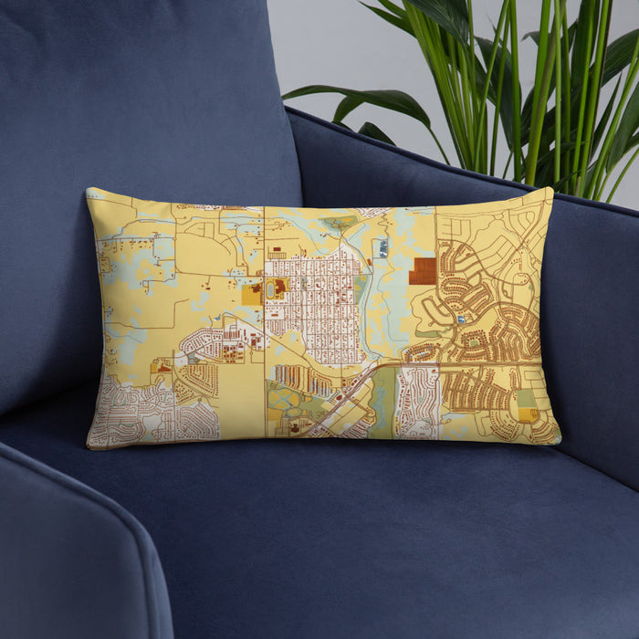 Custom Erie Colorado Map Throw Pillow in Woodblock on Blue Colored Chair