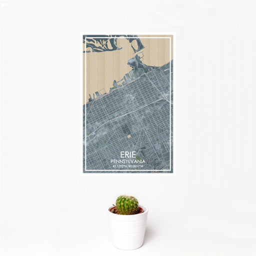 12x18 Erie Pennsylvania Map Print Portrait Orientation in Afternoon Style With Small Cactus Plant in White Planter
