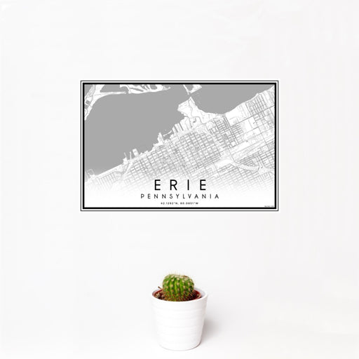 12x18 Erie Pennsylvania Map Print Landscape Orientation in Classic Style With Small Cactus Plant in White Planter