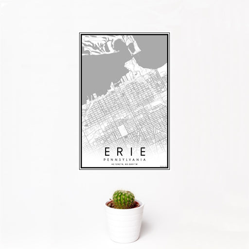 12x18 Erie Pennsylvania Map Print Portrait Orientation in Classic Style With Small Cactus Plant in White Planter
