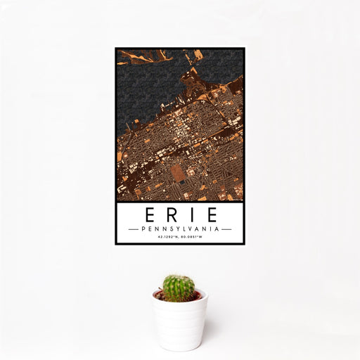 12x18 Erie Pennsylvania Map Print Portrait Orientation in Ember Style With Small Cactus Plant in White Planter