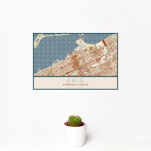 12x18 Erie Pennsylvania Map Print Landscape Orientation in Woodblock Style With Small Cactus Plant in White Planter