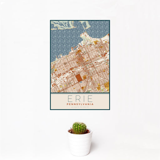 12x18 Erie Pennsylvania Map Print Portrait Orientation in Woodblock Style With Small Cactus Plant in White Planter