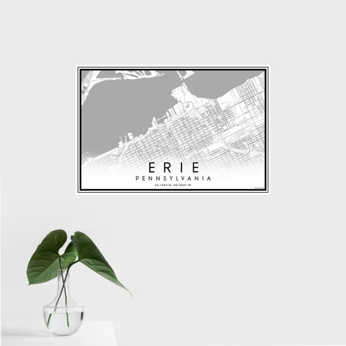 16x24 Erie Pennsylvania Map Print Landscape Orientation in Classic Style With Tropical Plant Leaves in Water