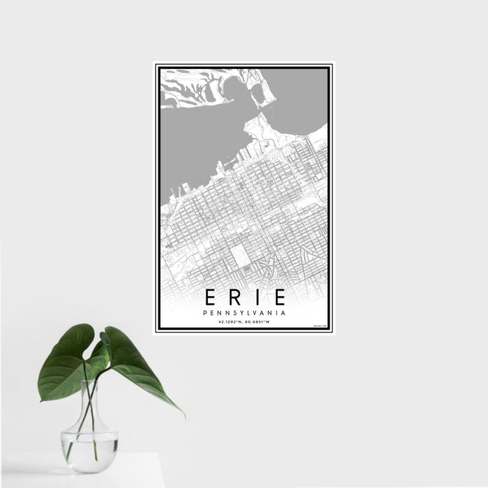 16x24 Erie Pennsylvania Map Print Portrait Orientation in Classic Style With Tropical Plant Leaves in Water
