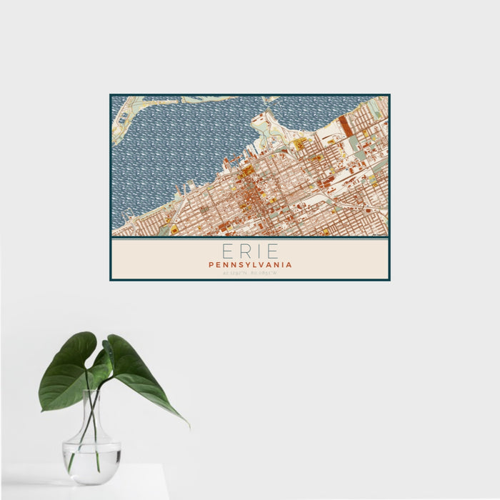 16x24 Erie Pennsylvania Map Print Landscape Orientation in Woodblock Style With Tropical Plant Leaves in Water