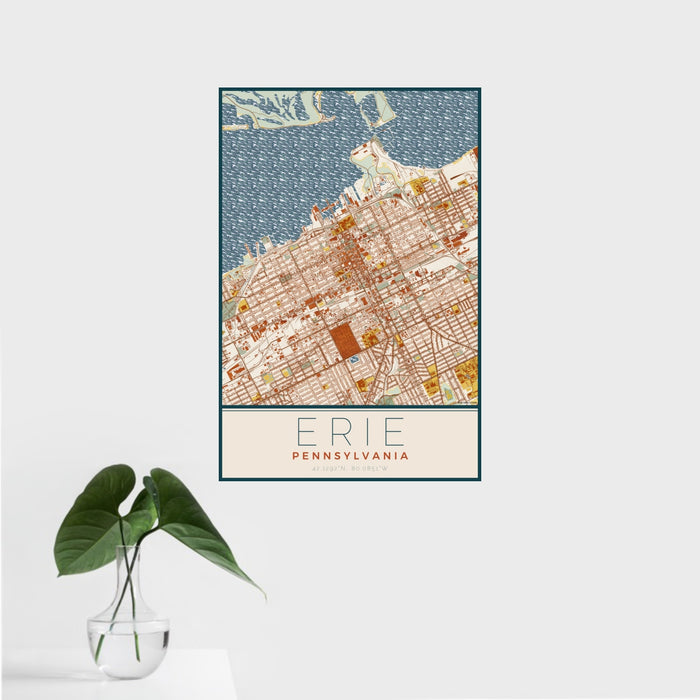 16x24 Erie Pennsylvania Map Print Portrait Orientation in Woodblock Style With Tropical Plant Leaves in Water