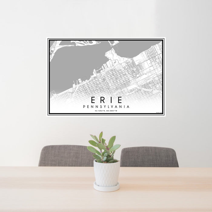 24x36 Erie Pennsylvania Map Print Lanscape Orientation in Classic Style Behind 2 Chairs Table and Potted Plant