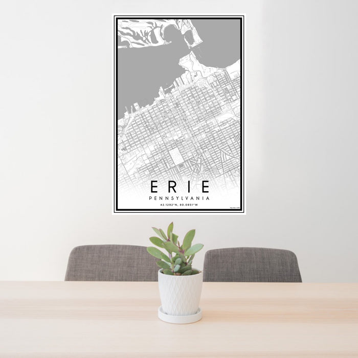 24x36 Erie Pennsylvania Map Print Portrait Orientation in Classic Style Behind 2 Chairs Table and Potted Plant