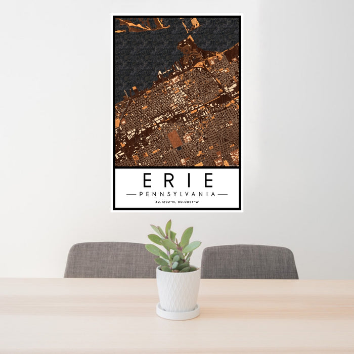 24x36 Erie Pennsylvania Map Print Portrait Orientation in Ember Style Behind 2 Chairs Table and Potted Plant