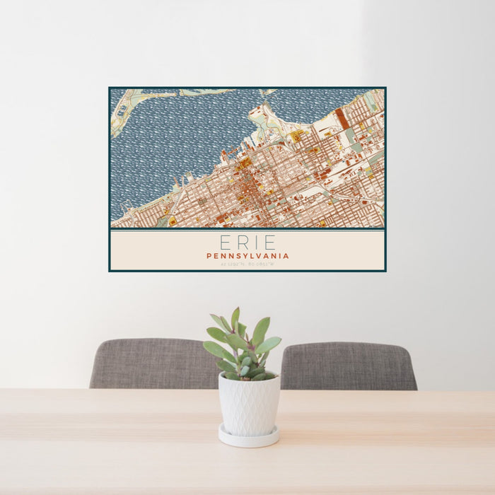 24x36 Erie Pennsylvania Map Print Lanscape Orientation in Woodblock Style Behind 2 Chairs Table and Potted Plant