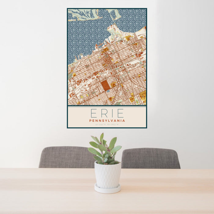 24x36 Erie Pennsylvania Map Print Portrait Orientation in Woodblock Style Behind 2 Chairs Table and Potted Plant