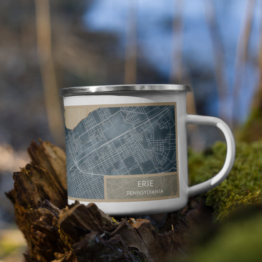 Right View Custom Erie Pennsylvania Map Enamel Mug in Afternoon on Grass With Trees in Background