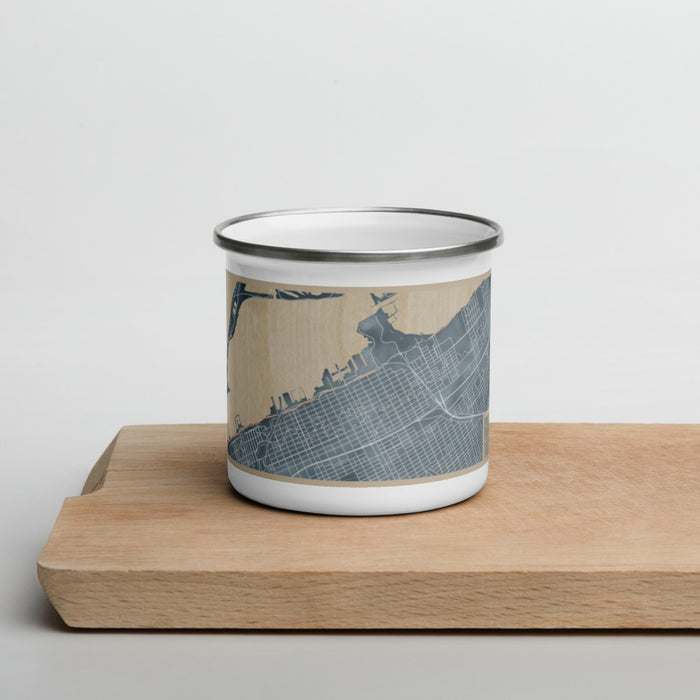 Front View Custom Erie Pennsylvania Map Enamel Mug in Afternoon on Cutting Board