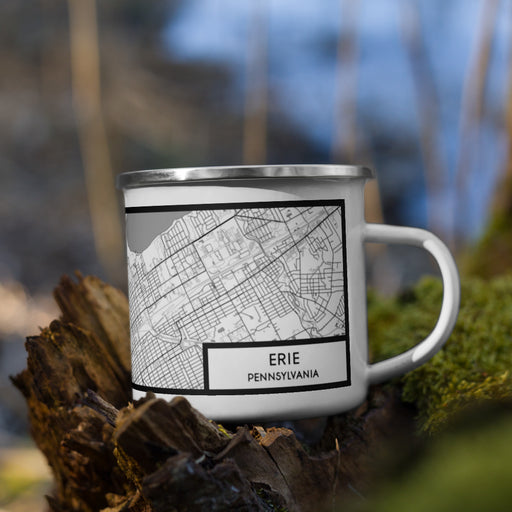Right View Custom Erie Pennsylvania Map Enamel Mug in Classic on Grass With Trees in Background