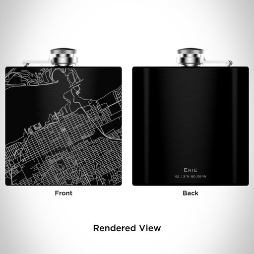 Rendered View of Erie Pennsylvania Map Engraving on 6oz Stainless Steel Flask in Black