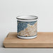 Front View Custom Erie Pennsylvania Map Enamel Mug in Woodblock on Cutting Board