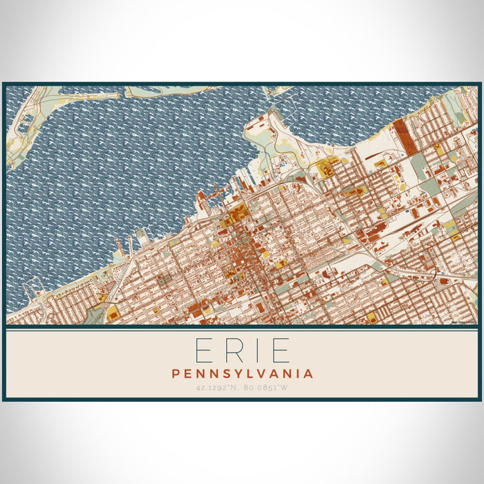 Erie Pennsylvania Map Print Landscape Orientation in Woodblock Style With Shaded Background