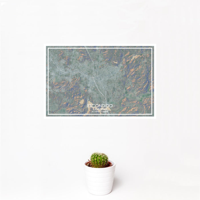 12x18 Escondido California Map Print Landscape Orientation in Afternoon Style With Small Cactus Plant in White Planter