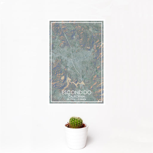 12x18 Escondido California Map Print Portrait Orientation in Afternoon Style With Small Cactus Plant in White Planter