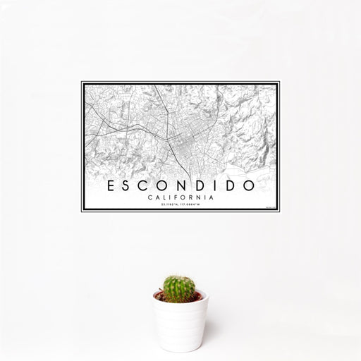 12x18 Escondido California Map Print Landscape Orientation in Classic Style With Small Cactus Plant in White Planter