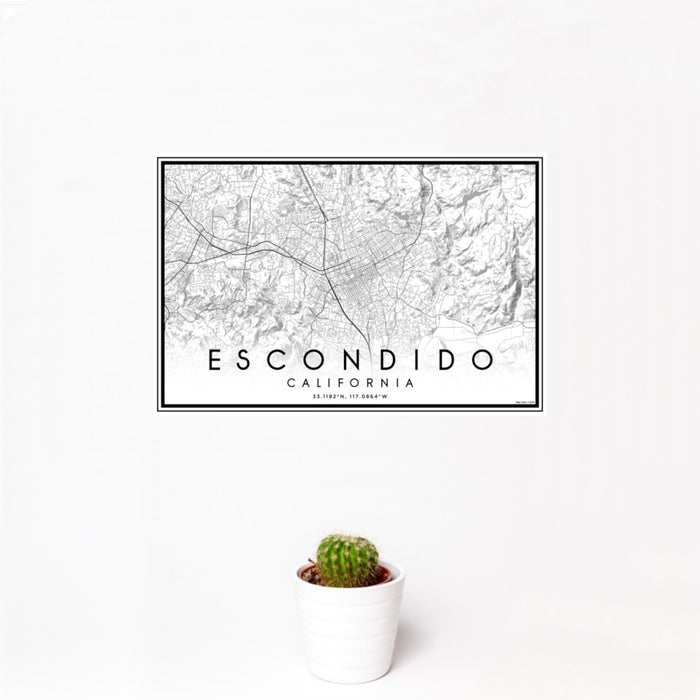 12x18 Escondido California Map Print Landscape Orientation in Classic Style With Small Cactus Plant in White Planter