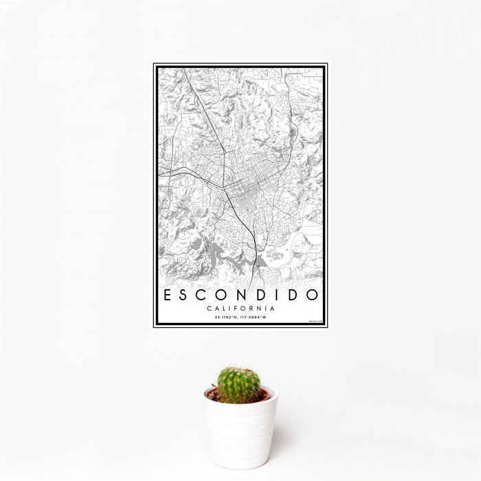 12x18 Escondido California Map Print Portrait Orientation in Classic Style With Small Cactus Plant in White Planter
