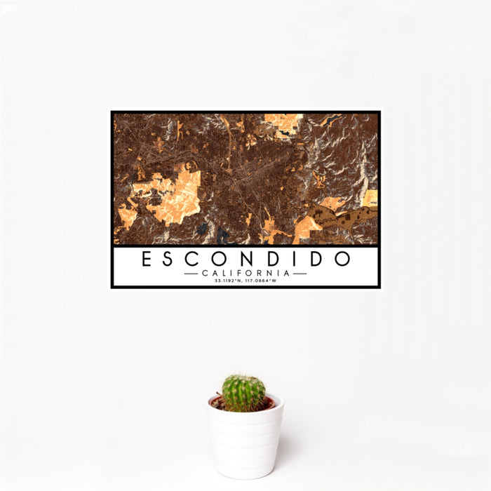 12x18 Escondido California Map Print Landscape Orientation in Ember Style With Small Cactus Plant in White Planter