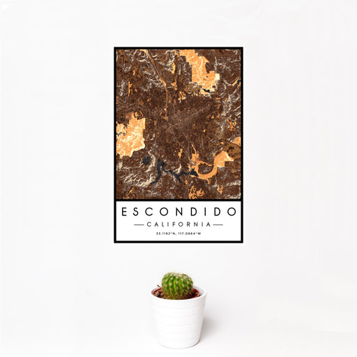 12x18 Escondido California Map Print Portrait Orientation in Ember Style With Small Cactus Plant in White Planter