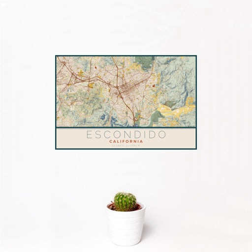 12x18 Escondido California Map Print Landscape Orientation in Woodblock Style With Small Cactus Plant in White Planter