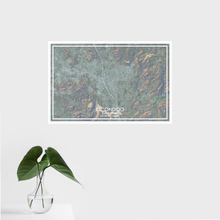 16x24 Escondido California Map Print Landscape Orientation in Afternoon Style With Tropical Plant Leaves in Water