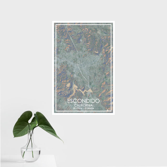 16x24 Escondido California Map Print Portrait Orientation in Afternoon Style With Tropical Plant Leaves in Water