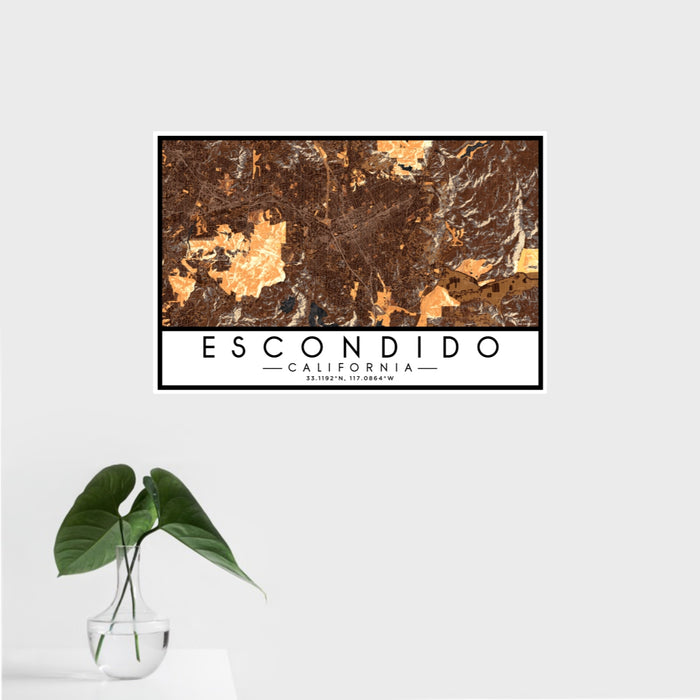 16x24 Escondido California Map Print Landscape Orientation in Ember Style With Tropical Plant Leaves in Water