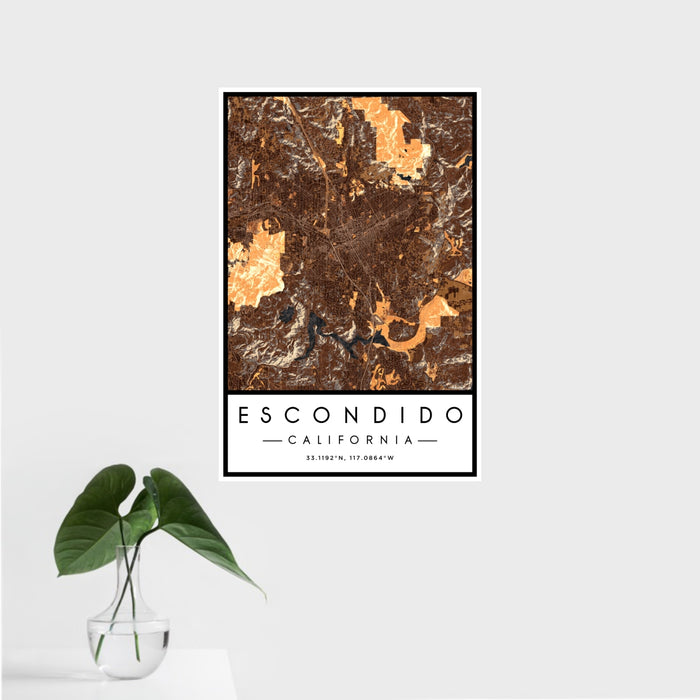 16x24 Escondido California Map Print Portrait Orientation in Ember Style With Tropical Plant Leaves in Water