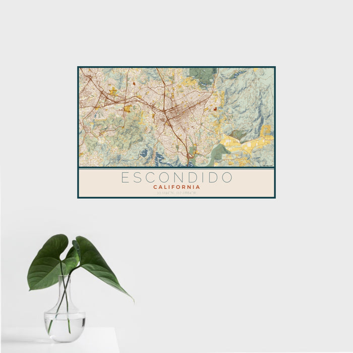 16x24 Escondido California Map Print Landscape Orientation in Woodblock Style With Tropical Plant Leaves in Water
