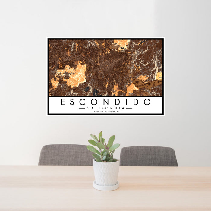24x36 Escondido California Map Print Lanscape Orientation in Ember Style Behind 2 Chairs Table and Potted Plant